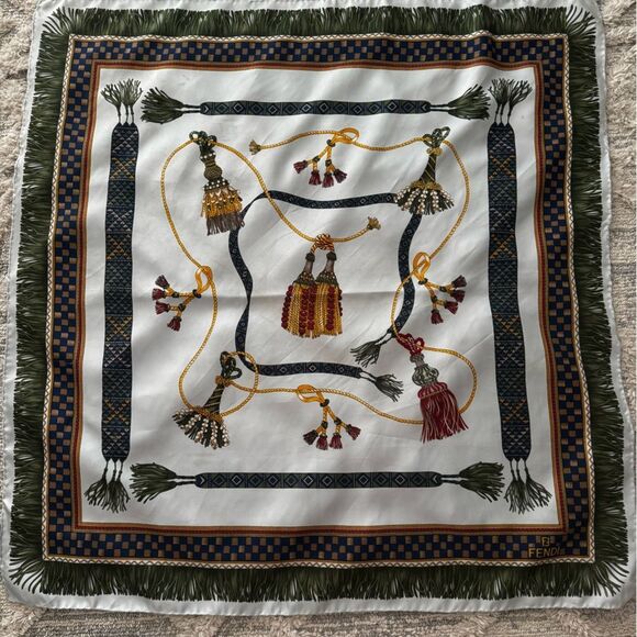 Vintage FENDI 100% Silk Scarf Tassel Rope Print 35x33” - Picture 4 of 14